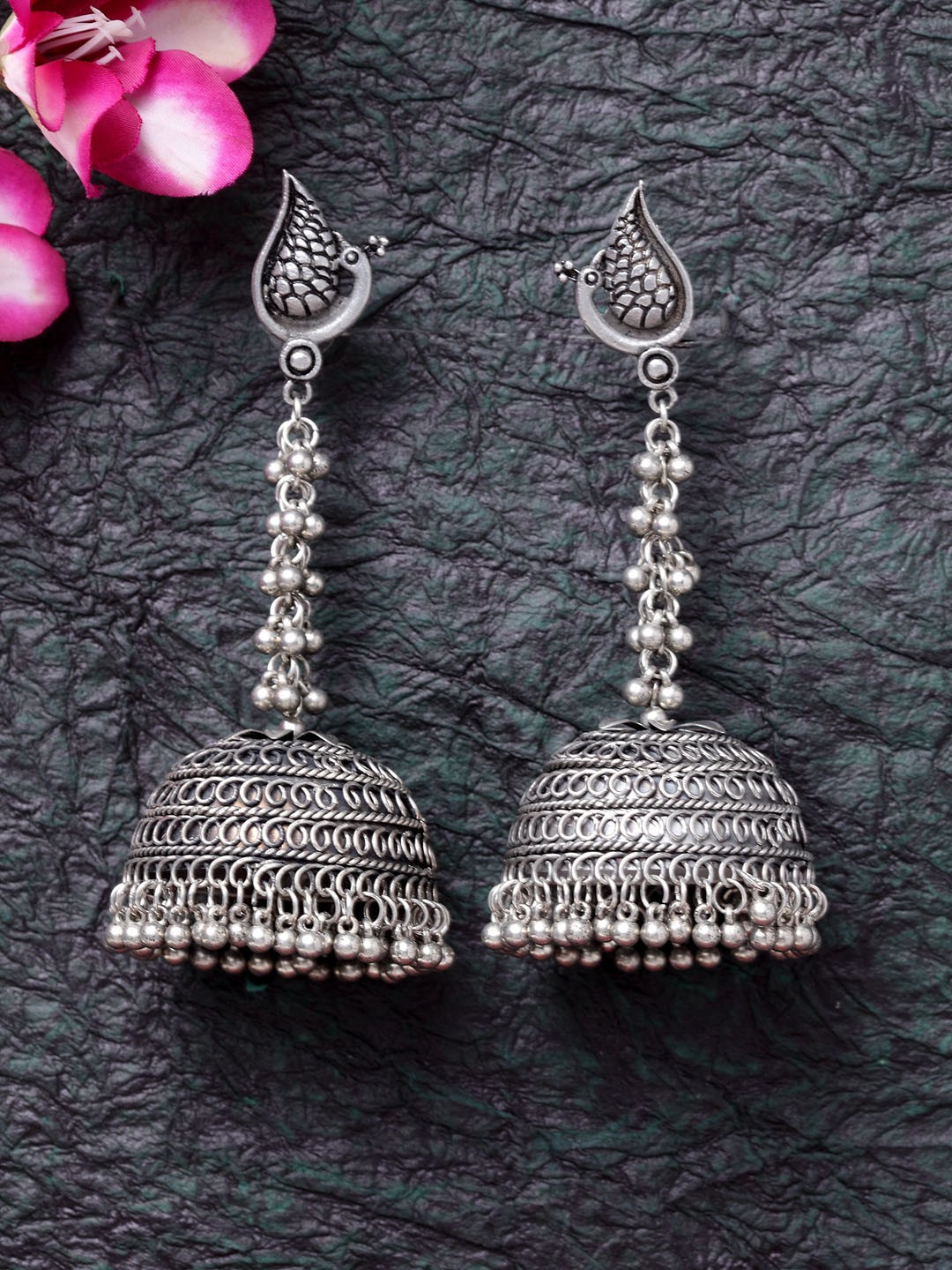 

Moedbuille Silver-Toned Peacock Shaped Handcrafted Jhumkas