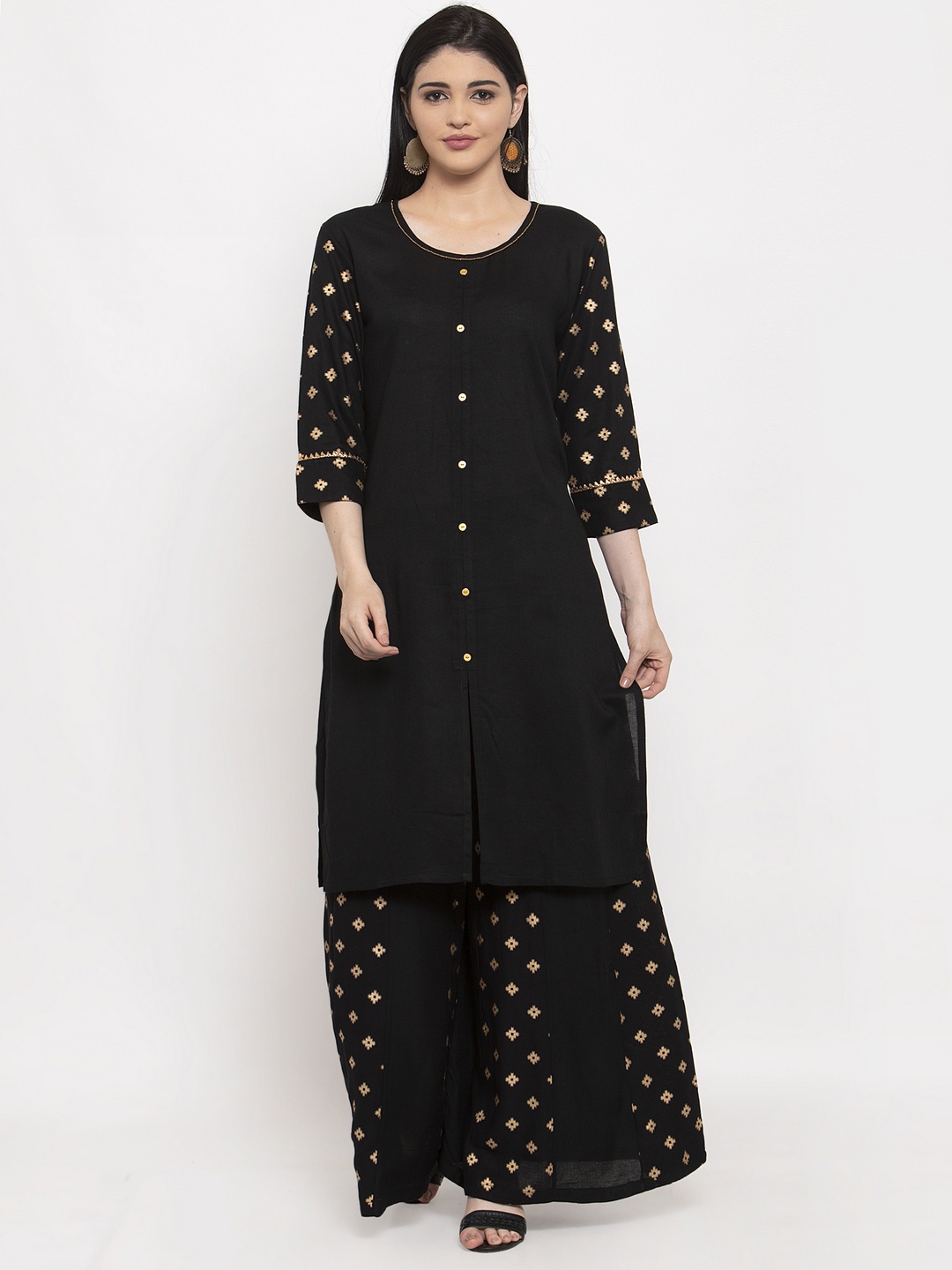 

ANAISA Women Women Black & Gold-Toned Bead Work Printed Kurti with Palazzos