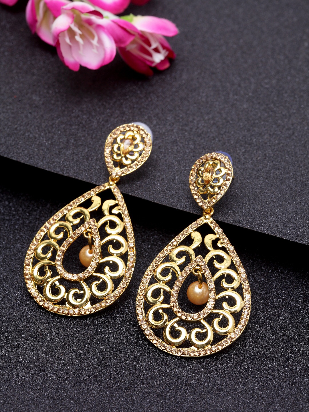 

ANIKAS CREATION Gold-Toned Contemporary Drop Earrings
