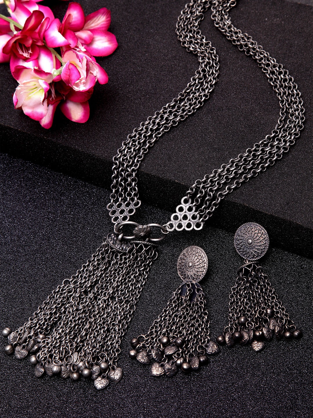 

Moedbuille Silver-Plated Oxidized Tasseled Antique Filigree Work Temple Tribal Jewellery Set