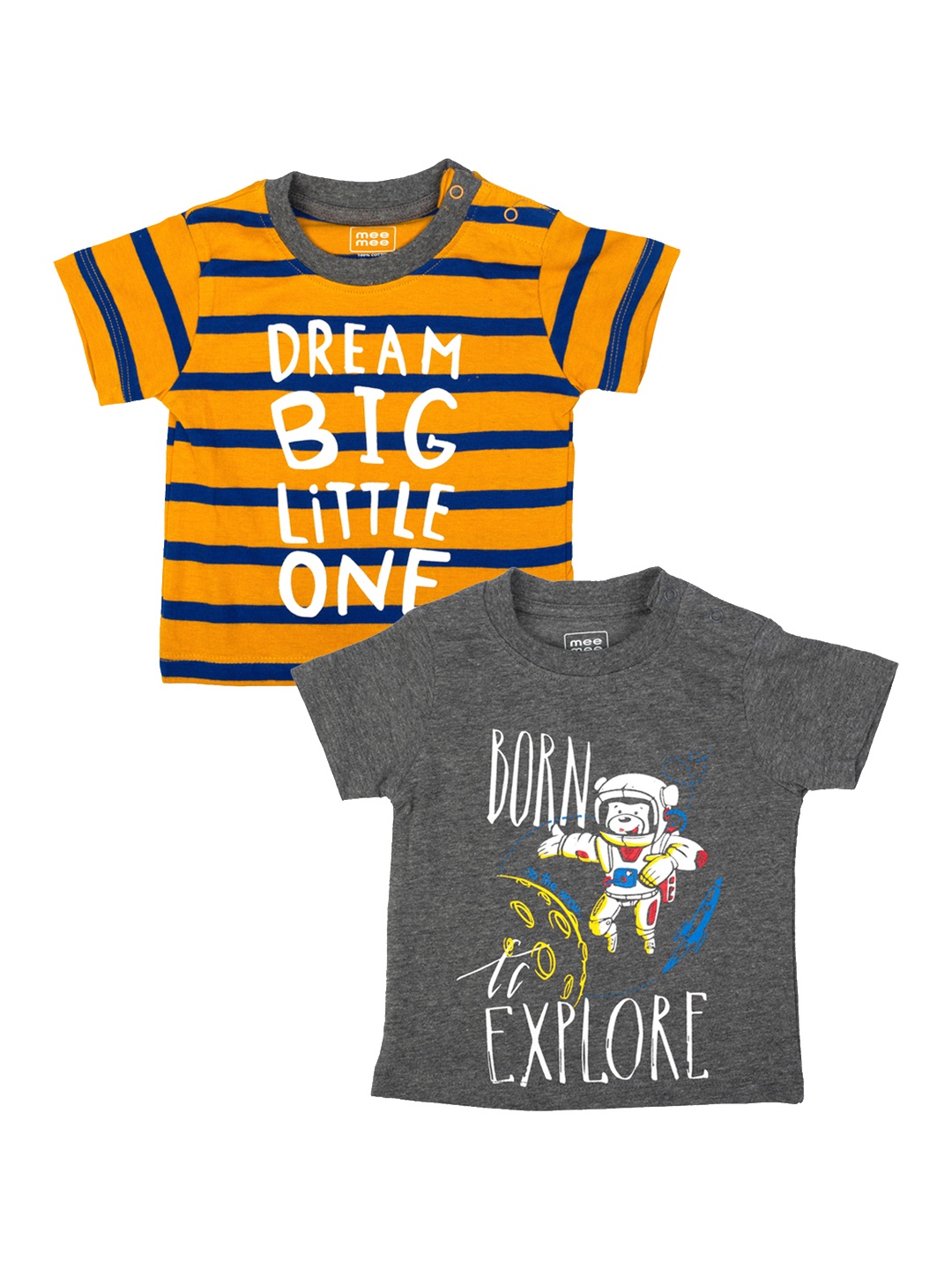 

MeeMee Boys Pack Of 2 Yellow Grey Striped Round Neck Pure Cotton T-shirt
