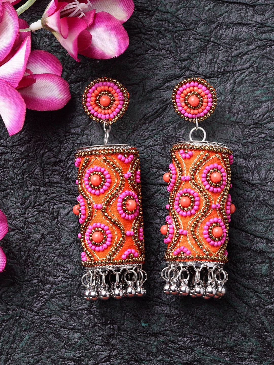 

Moedbuille Orange & Pink Dome Shaped Afghan Oxidised Brass-Plated Drop Earrings