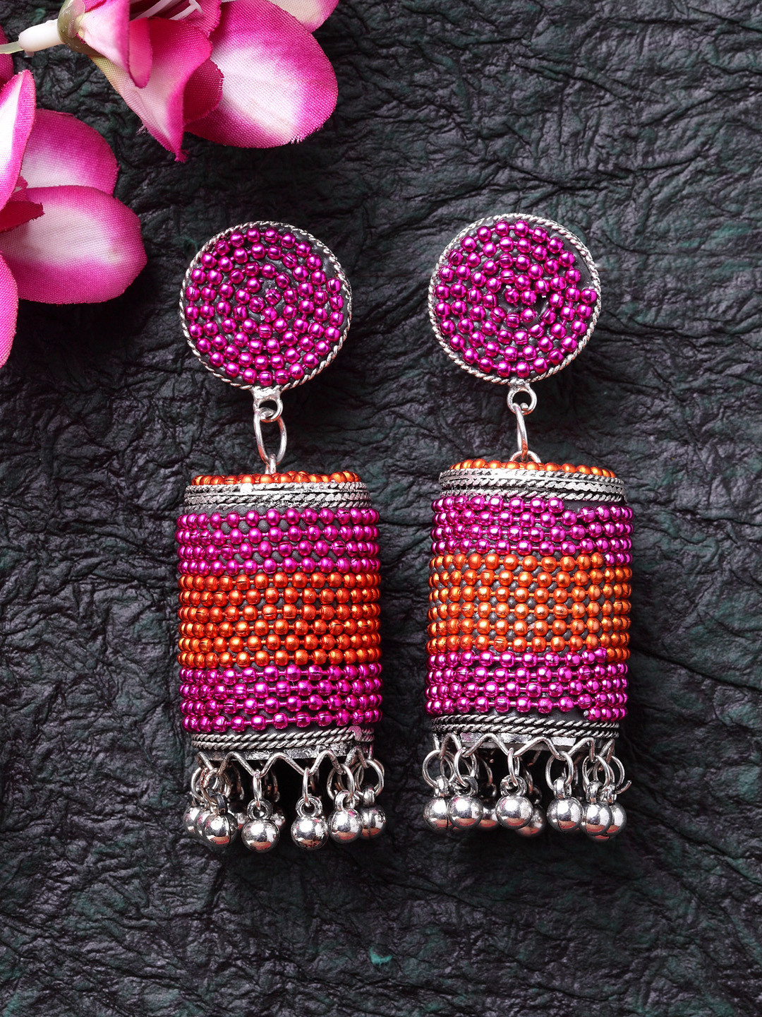 

Moedbuille Pink & Orange Brass Plated Geometric Jhumkas
