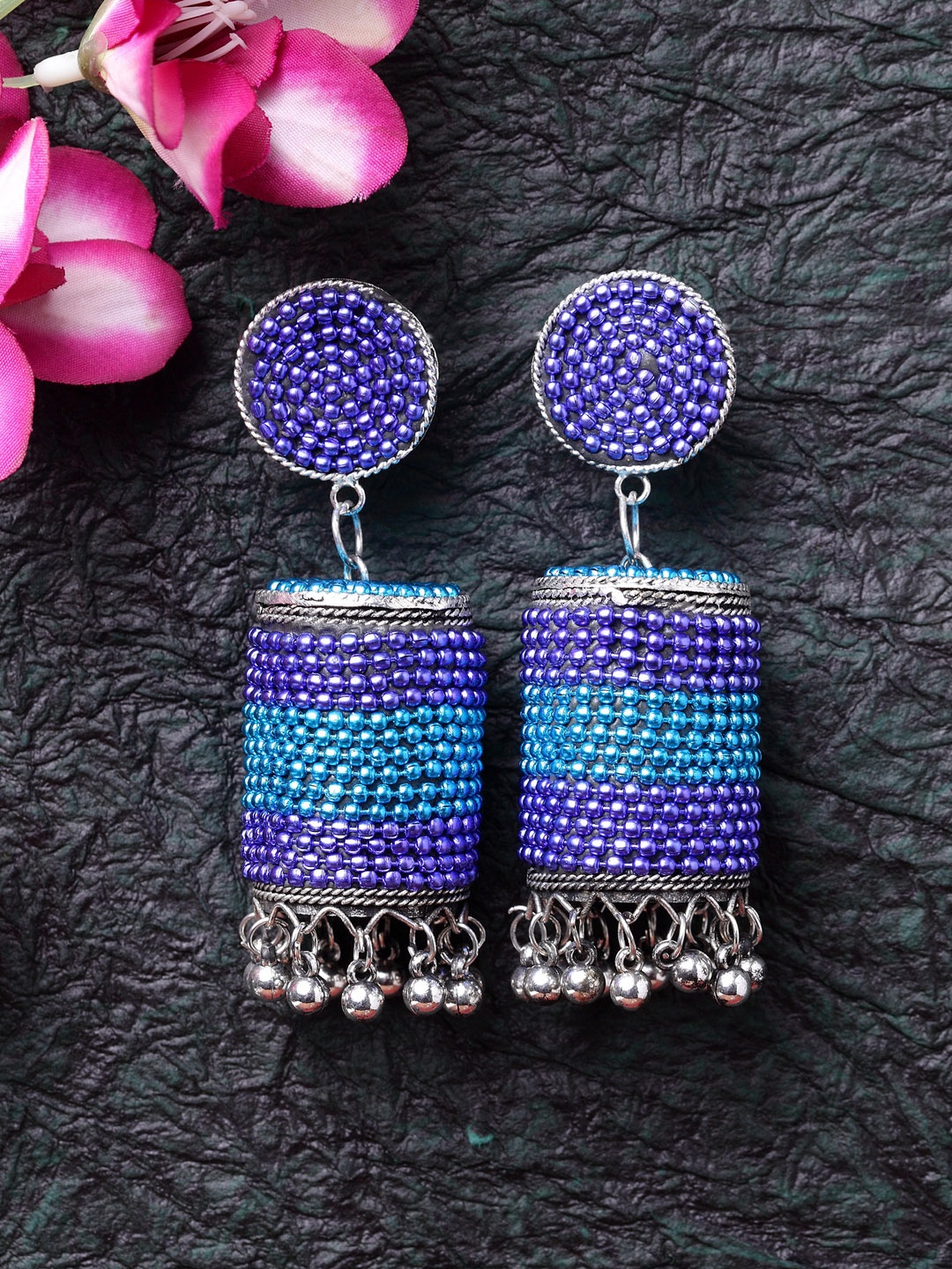 

Moedbuille Brass-Plated Blue & Silver-Toned Dome Shaped Afghan Jhumkas