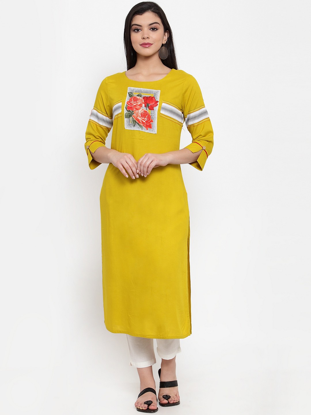 

ANAISA Women Mustard Yellow & Red Floral Printed Straight Kurta
