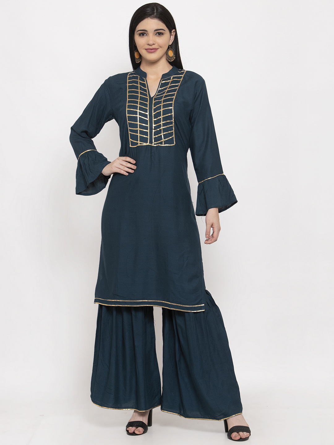 

ANAISA Women Teal Yoke Design Regular Gotta Patti Kurta with Sharara