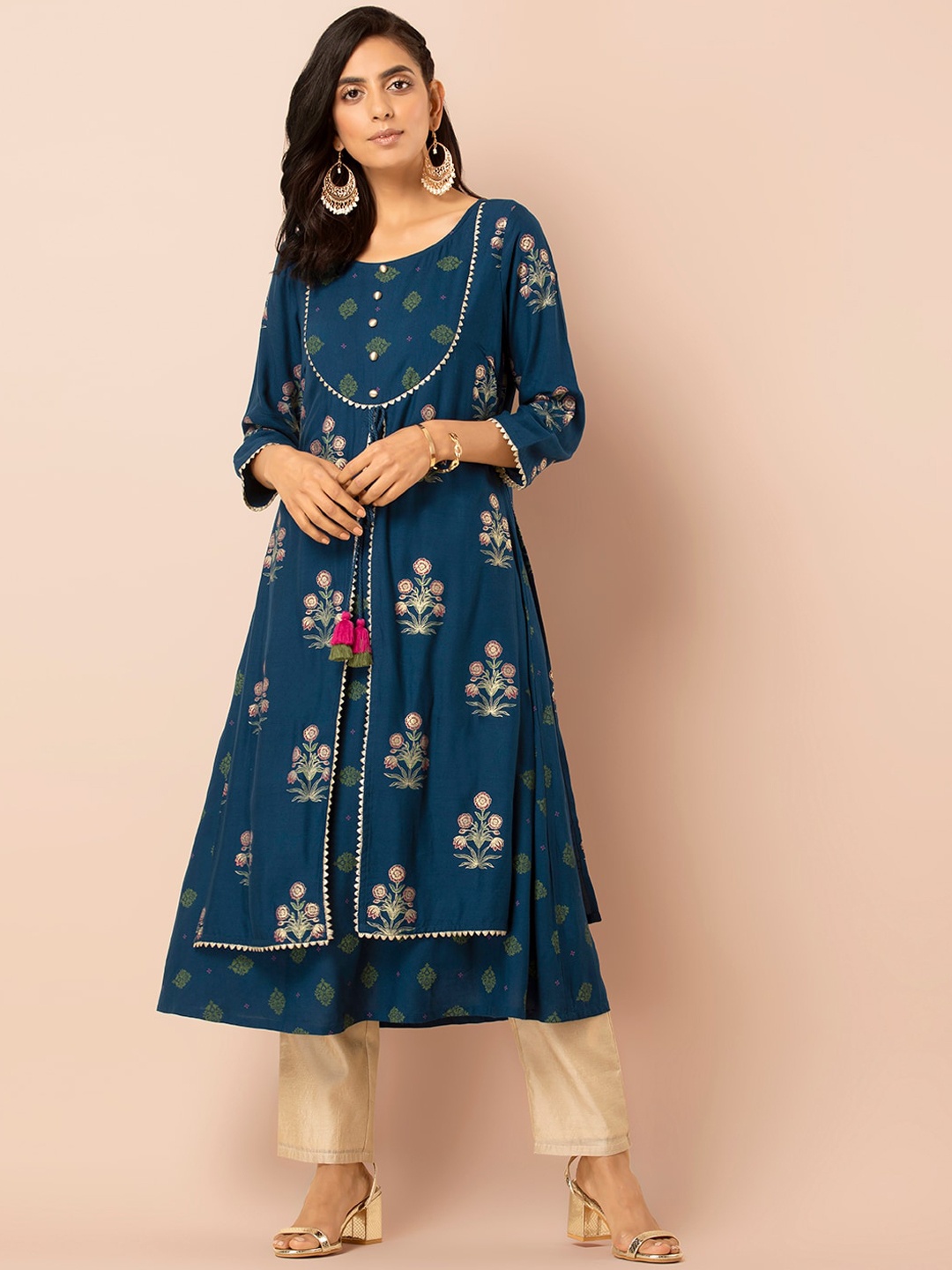 

INDYA Women Navy Blue Printed A-Line Kurta