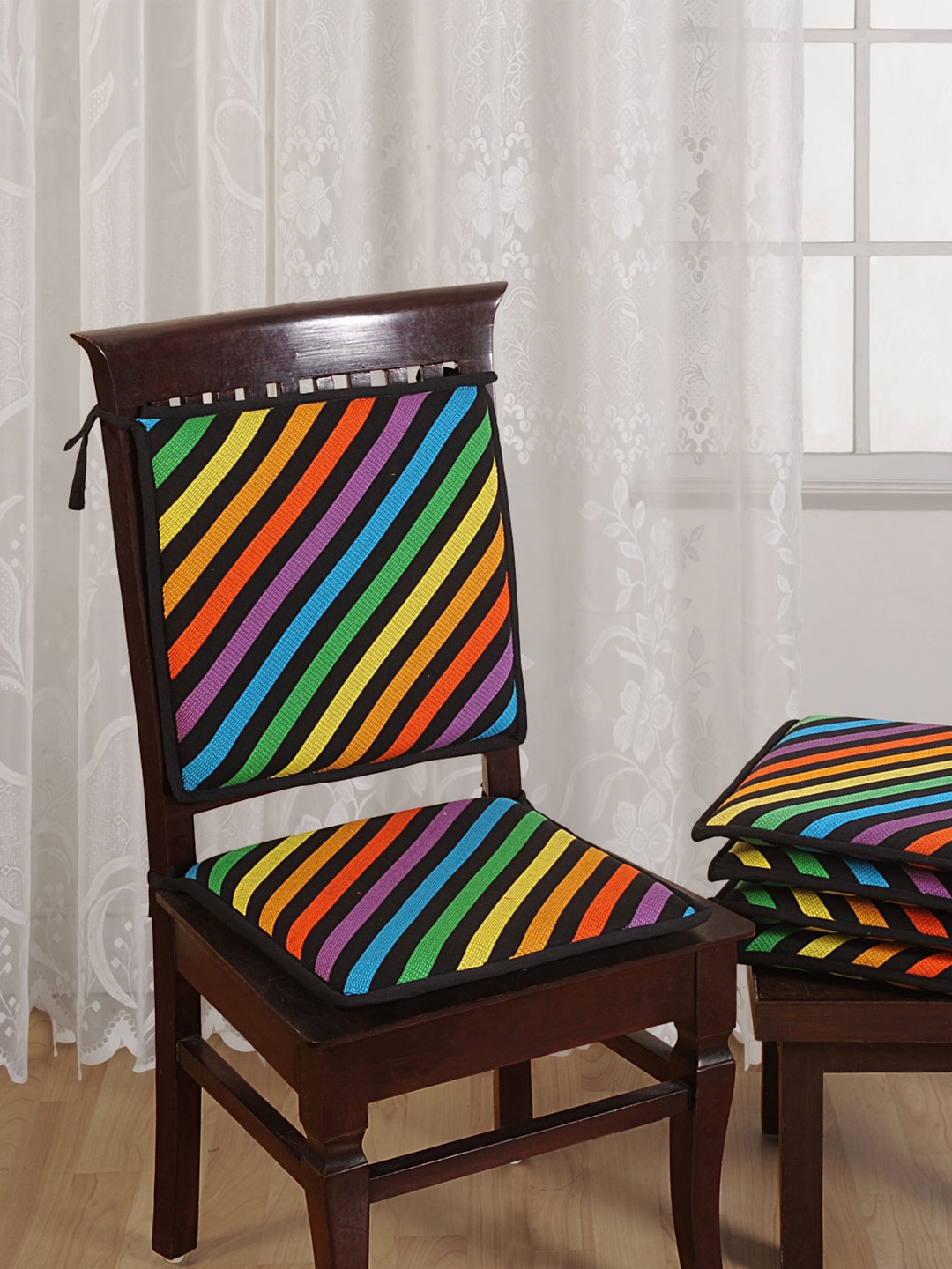 SWAYAM Set Of 6 Multicoloured Striped Chair Pads with Loops, Multi