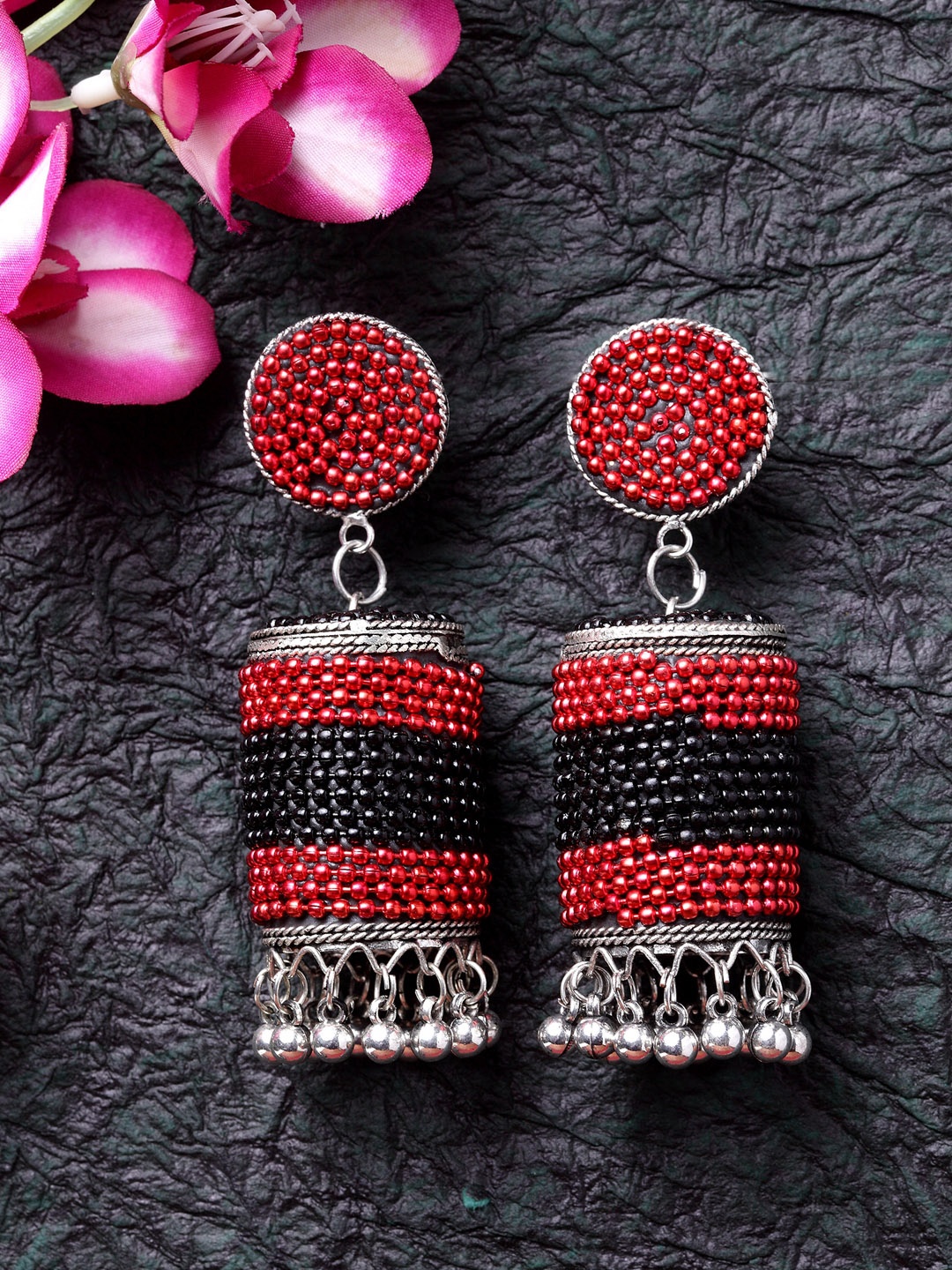 

Moedbuille Red & Black Brass-Plated Afghan Tasselled Dome Shaped Jhumkas