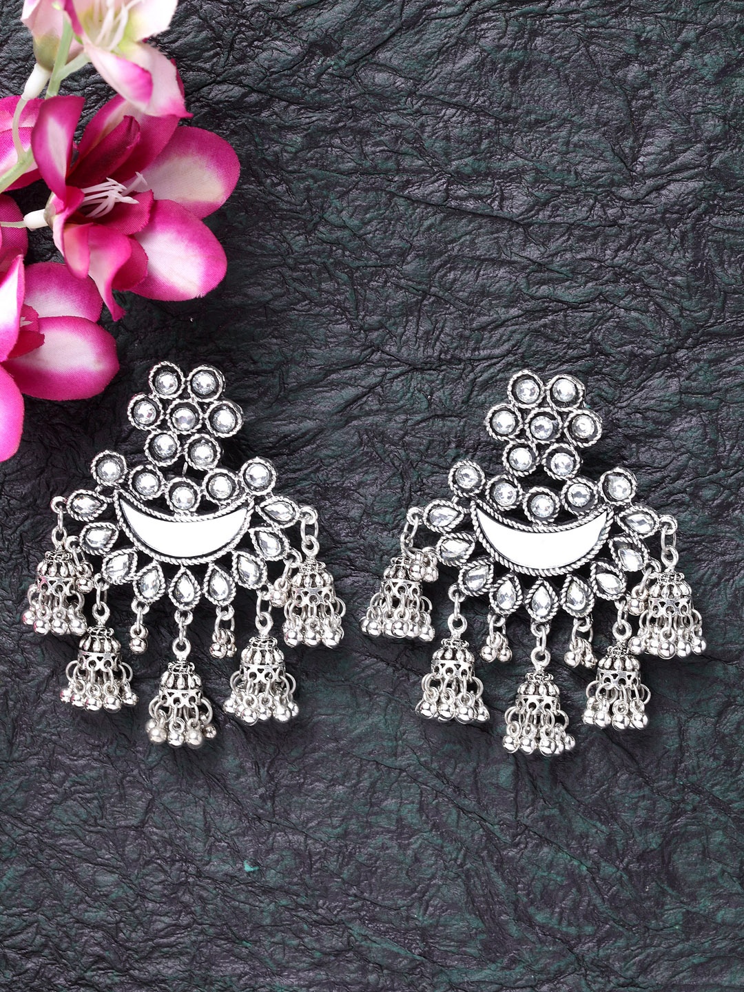 

Moedbuille Oxidised Silver-Toned Brass Plated Handcrafted Mirror Drop Earrings