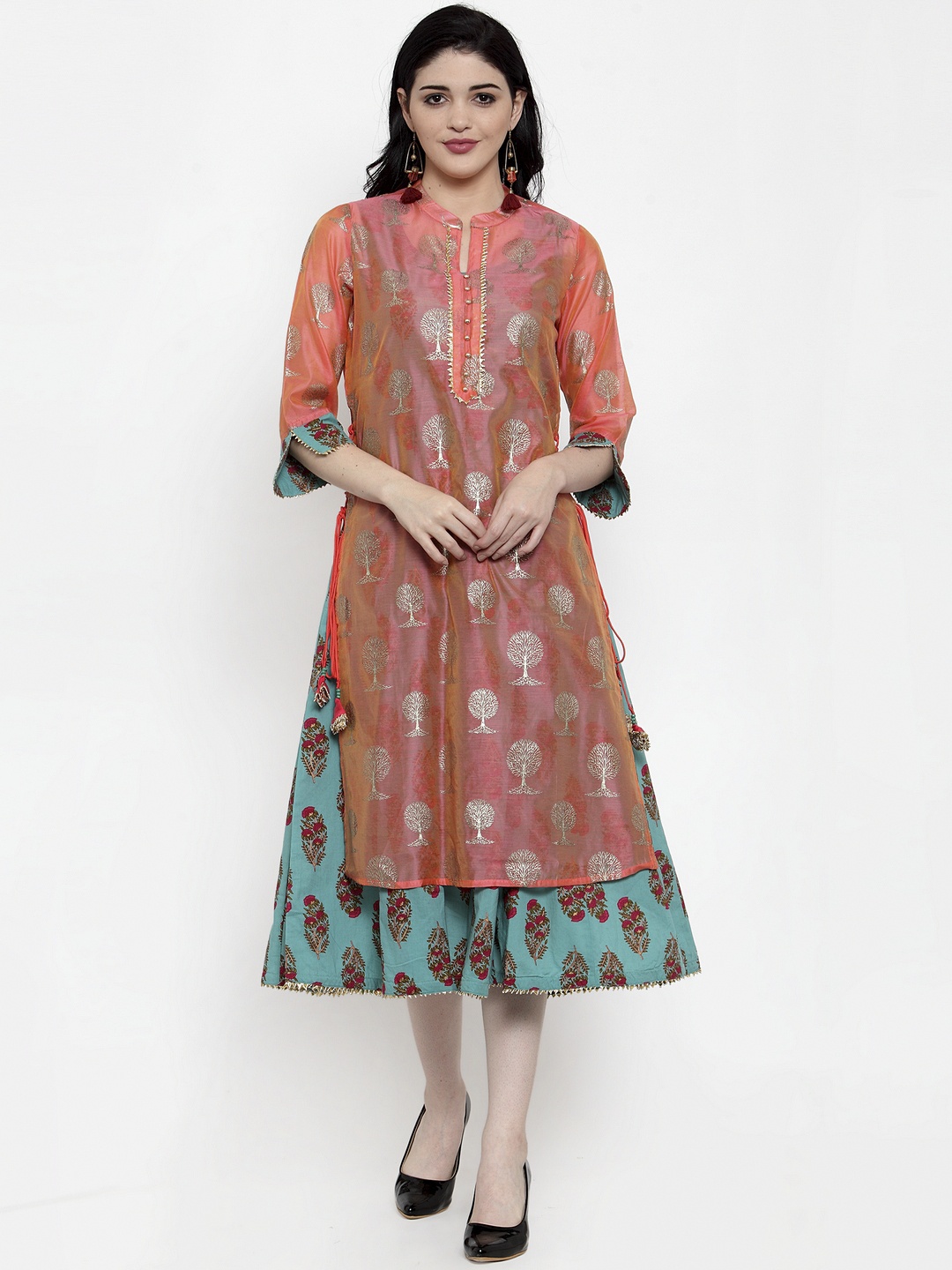 

ANAISA Women Coral & Turquoise Blue Printed A-Line Kurta