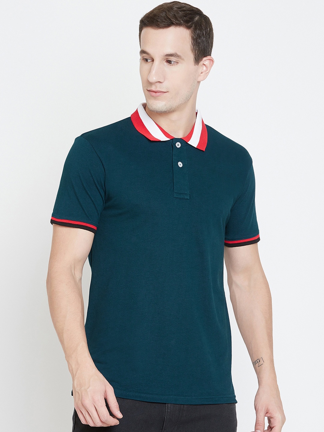 The Dry State Men Green Solid Polo Collar Slim Fit T-shirt