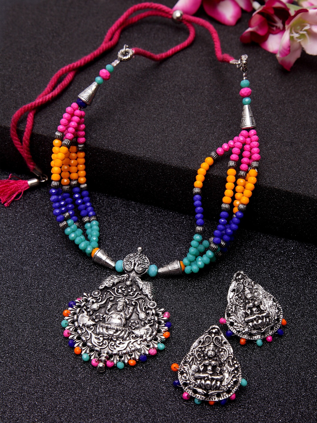 

Moedbuille Silver-Plated & Yellow Crystal Studded Temple Handcrafted Jewellery Set