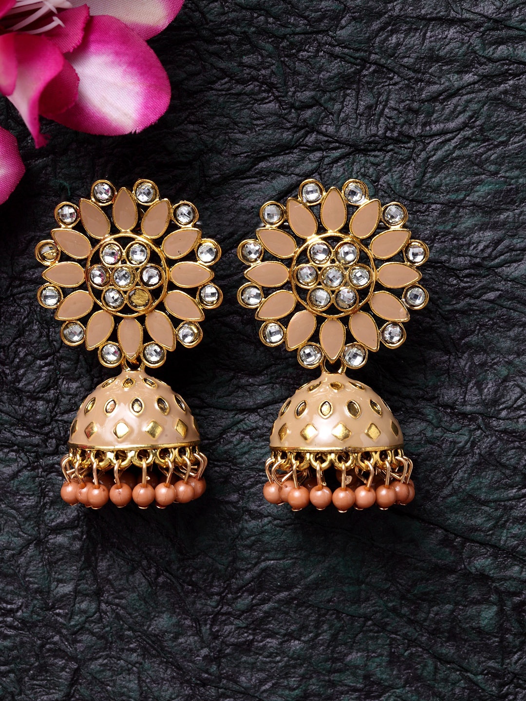 

Moedbuille Brown & Gold-Toned Handcrafted Handpainted Meenakari Oxidised Jhumkas