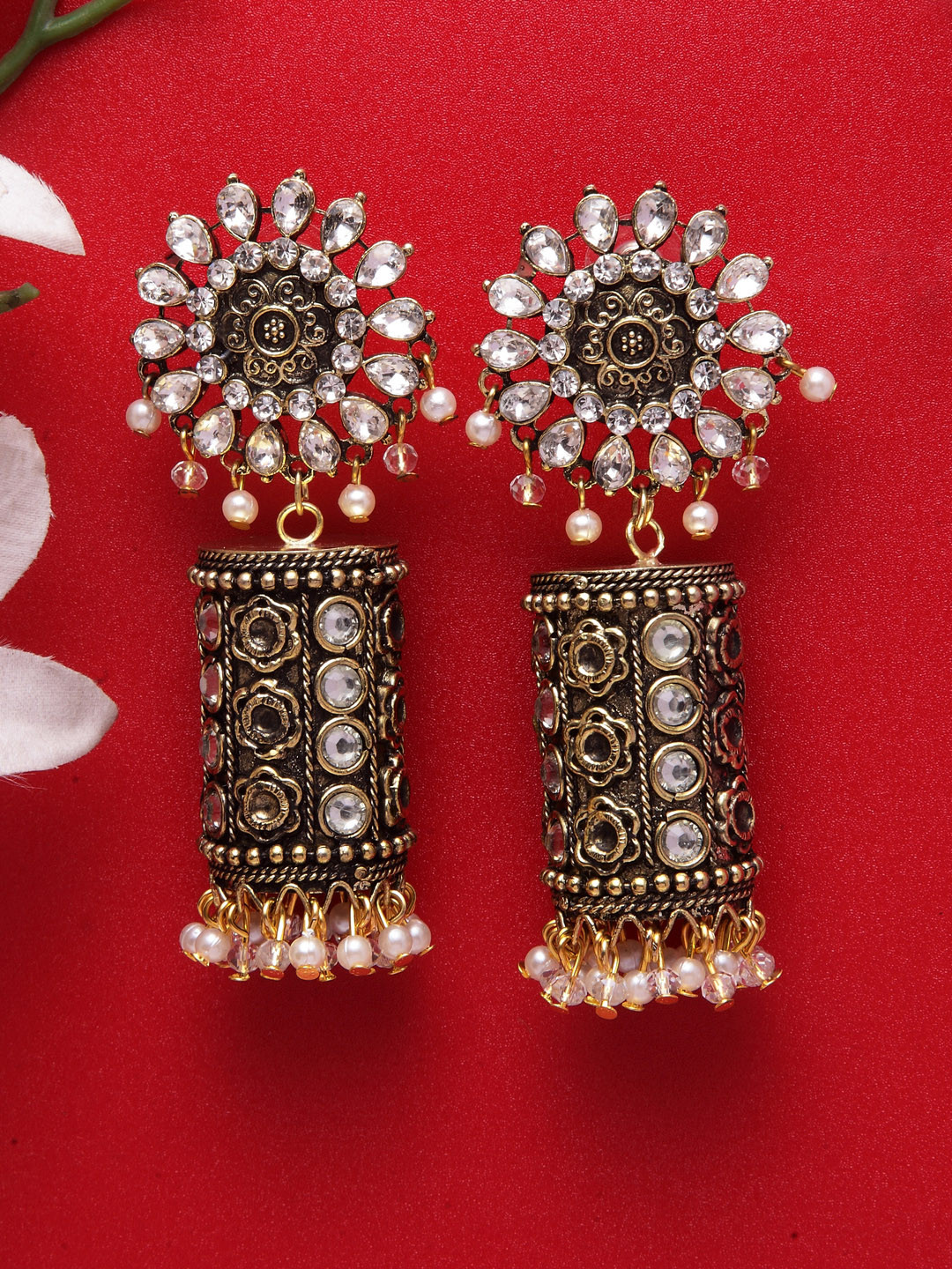 

Moedbuille Gold-Plated & White Handcrafted Classic Jhumkas