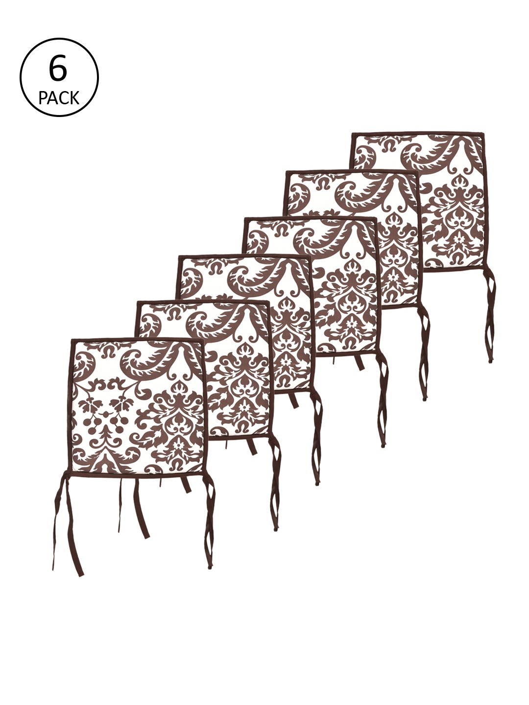 

SWAYAM Set Of 6 Brown & White Printed Chair Pads With Loops, Peach