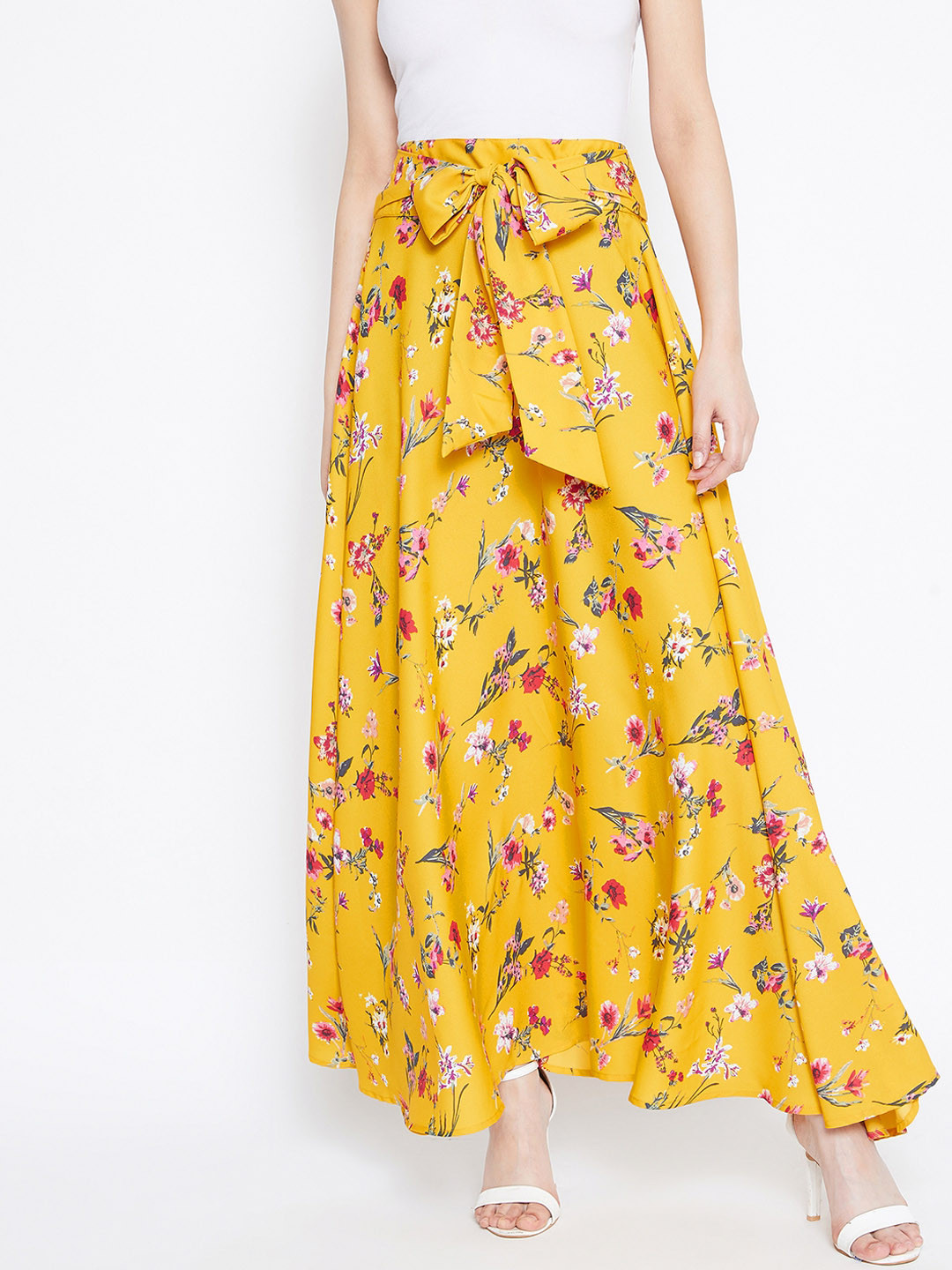 

Berrylush Yellow & Pink Floral Printed Bow Tie Waist Flared Maxi Skirt