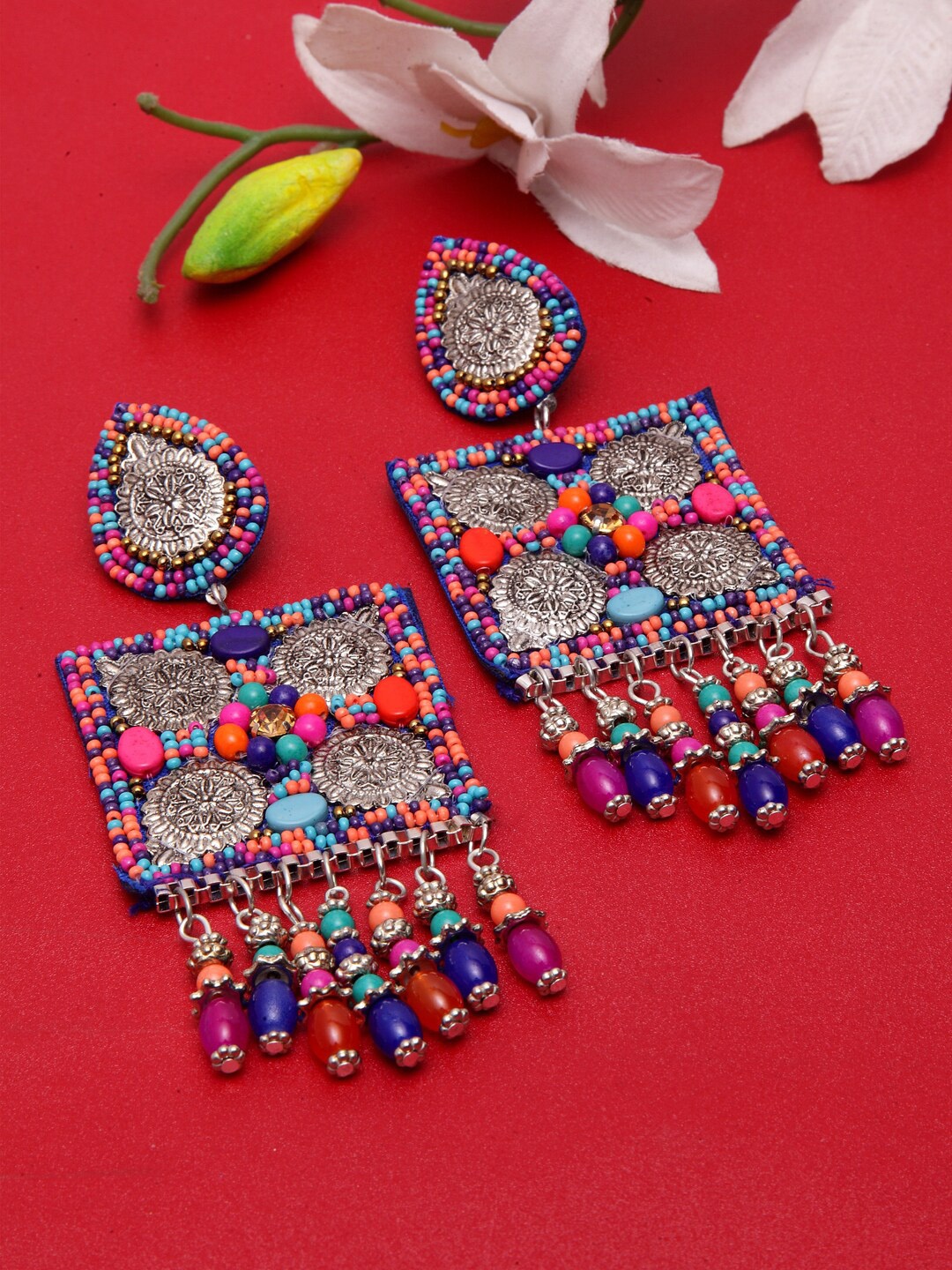 

Moedbuille Multicoloured Handwoven Filigree Contemporary Drop Earrings, Multi