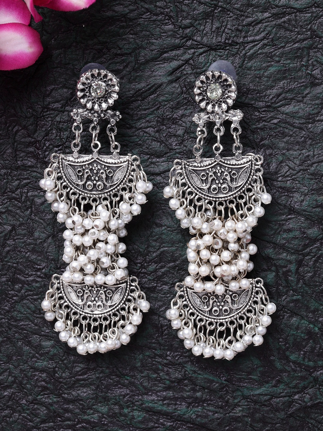 

Moedbuille Silver-Toned & White Brass-Plated Crescent Shaped Drop Earrings