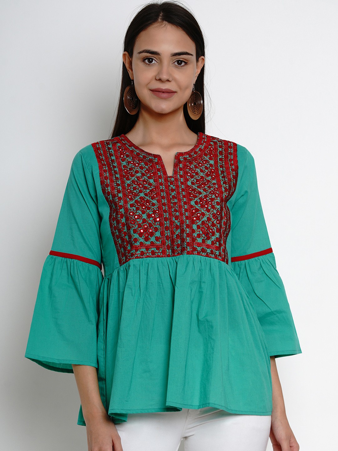 

Bhama Couture Women Sea Green & Red Embroidered Top