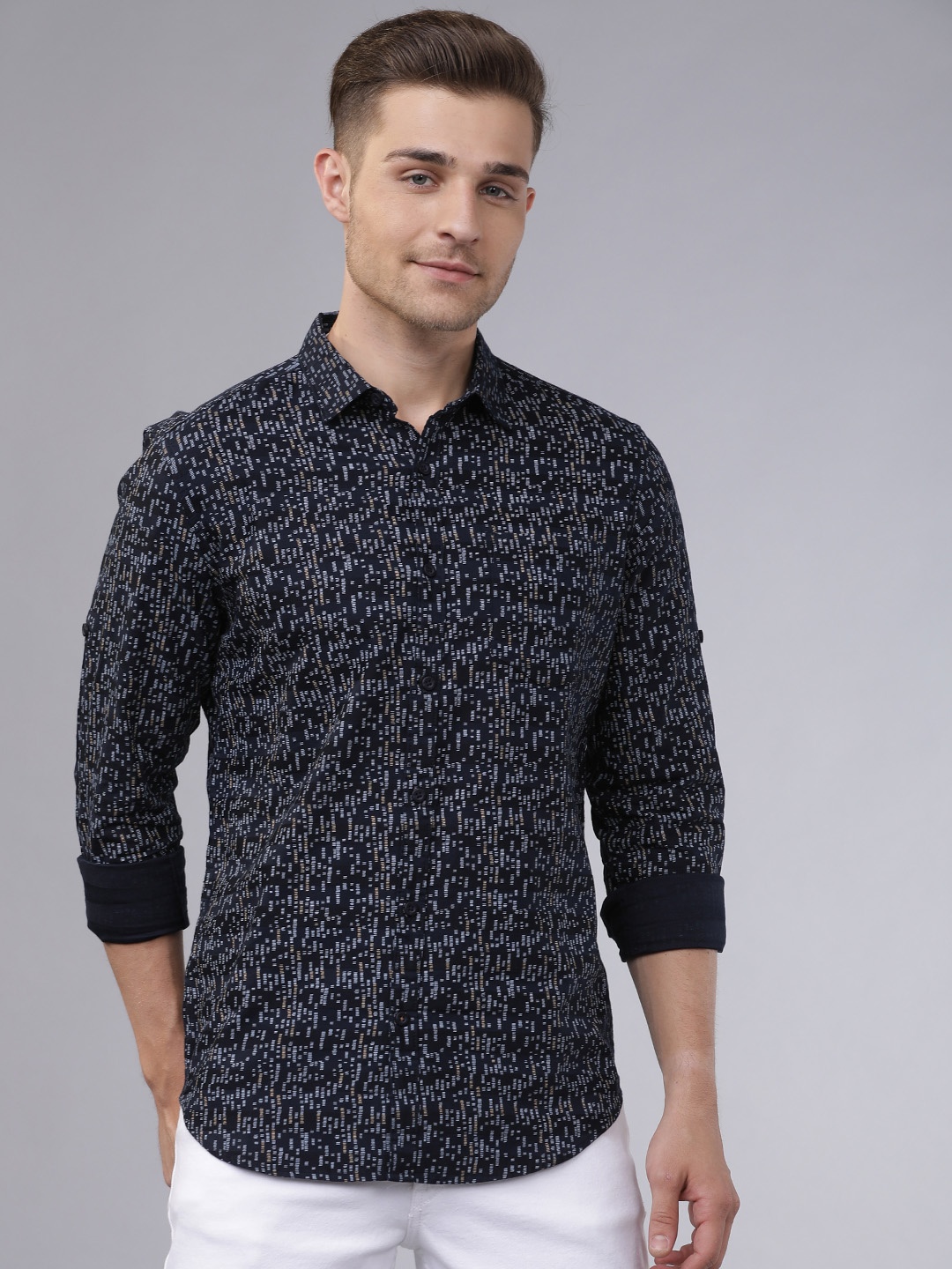 

HIGHLANDER Men Navy Blue & White Slim Fit Printed Casual Shirt