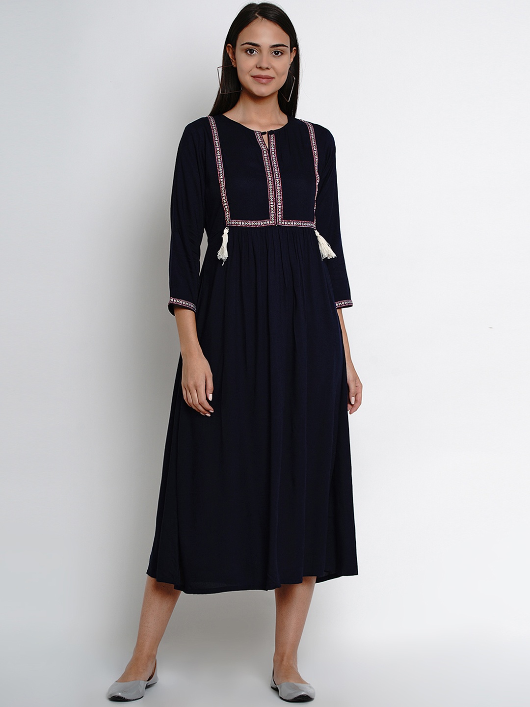 

Bhama Couture Women Navy Blue Solid Fit and Flare Ethnic Dress