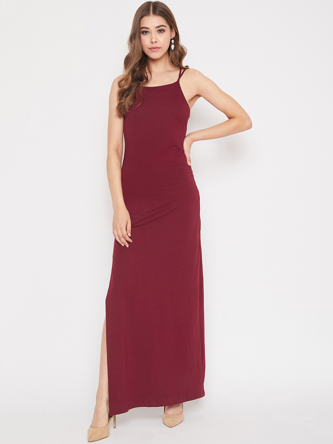 

Berrylush Women Maroon Solid Maxi Dress