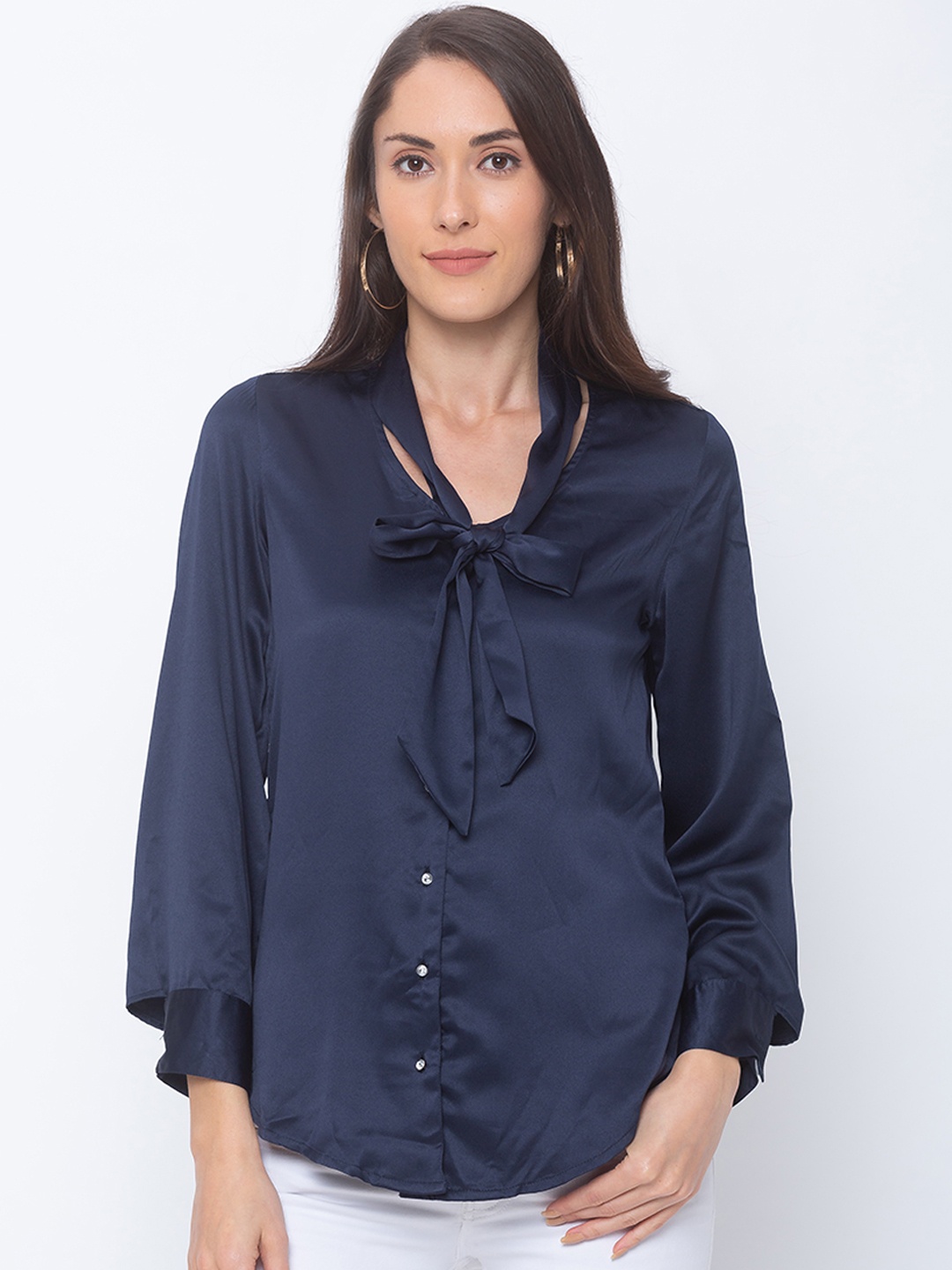 Globus Women Navy Blue Regular Fit Solid Casual Shirt