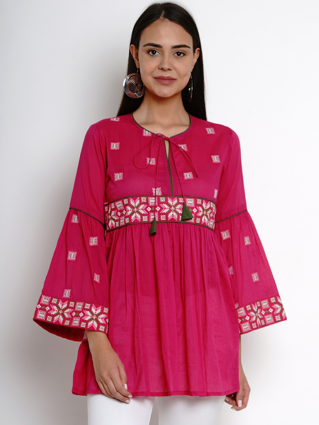 

Bhama Couture Women Fuchsia & White Yoke Design Tunic