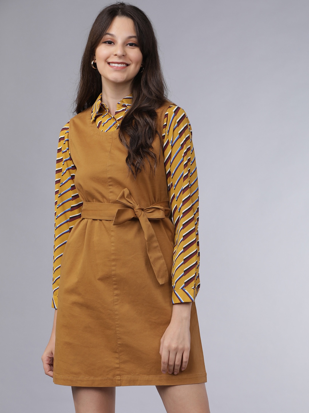 

Tokyo Talkies Women Mustard Yellow Solid Pinafore Dress With Shirt