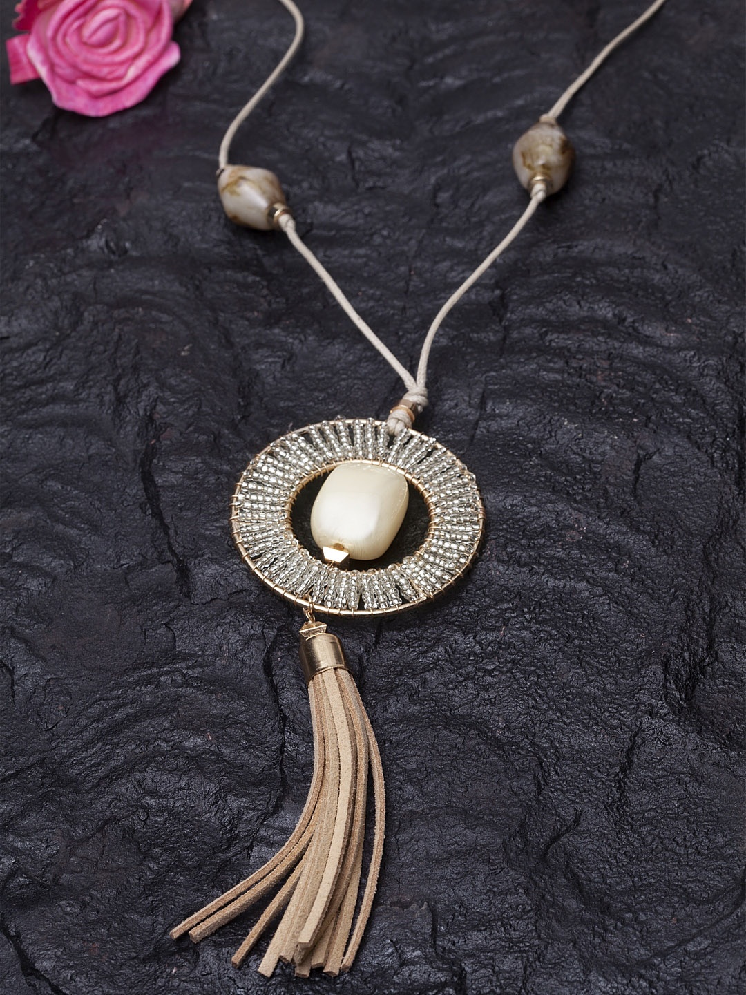 

Madame Beige Hand Woven Tassel Stone Necklace