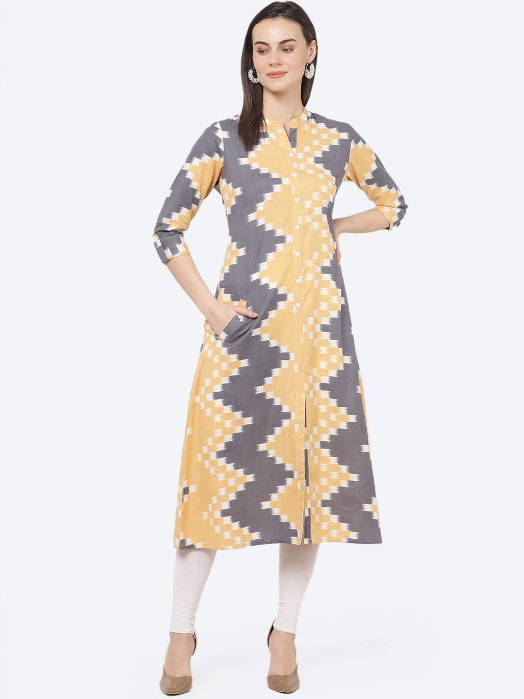 

aayusika Women Mustard & Grey Printed A-Line Kurta