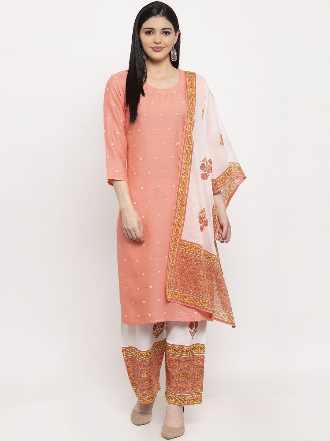 

ANAISA Women Peach & White Straight Rayon Embroidery Kurta With Palazzo and Dupatta
