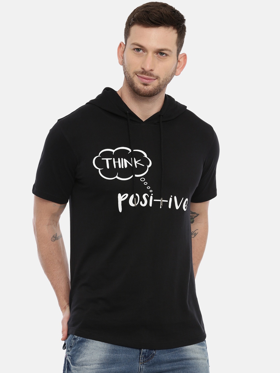 

Bushirt Men Black Think Positive Printed Hood Pure Cotton T-shirt