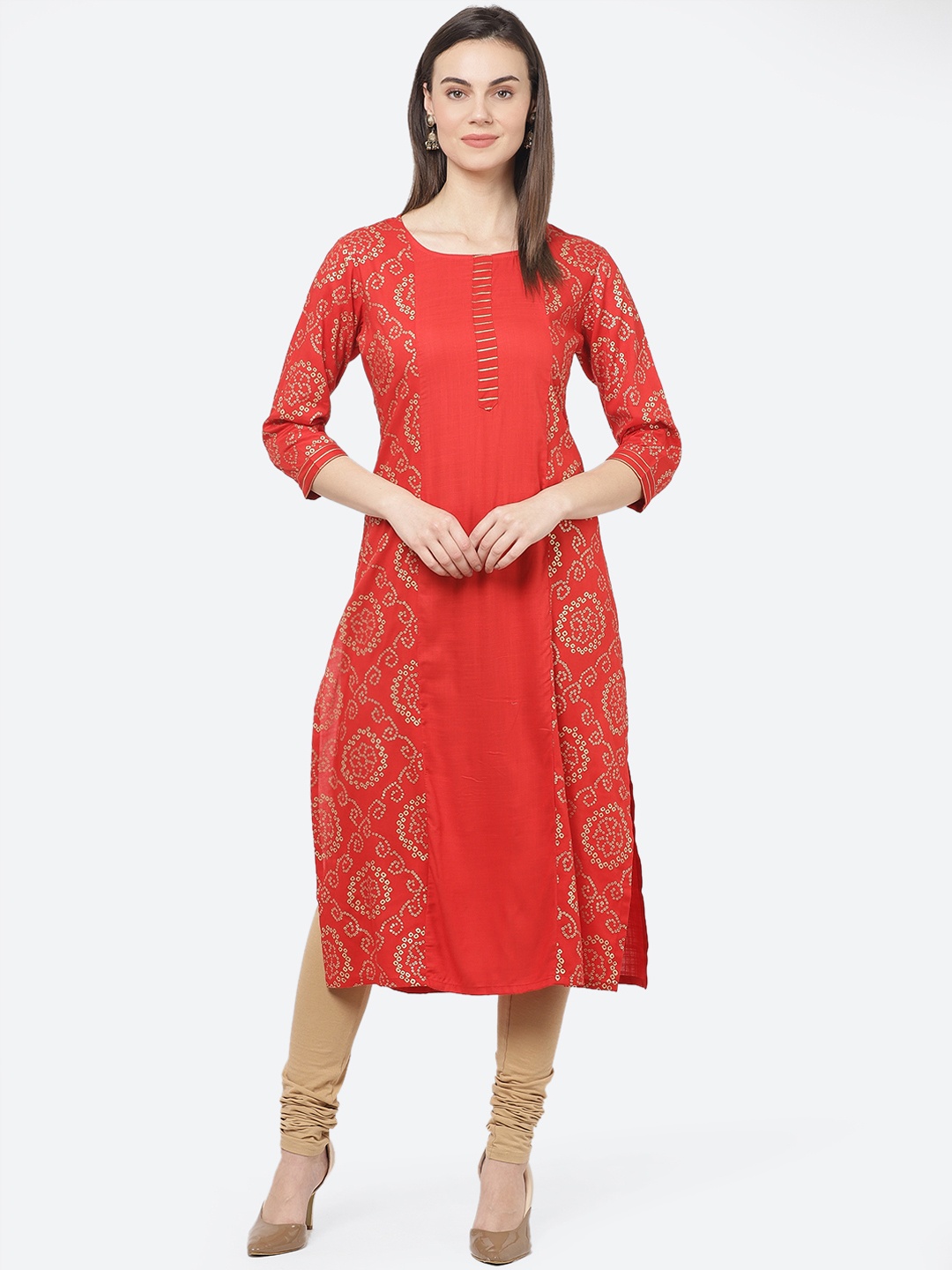 

aayusika Women Red Bandhani Print A-Line Kurta