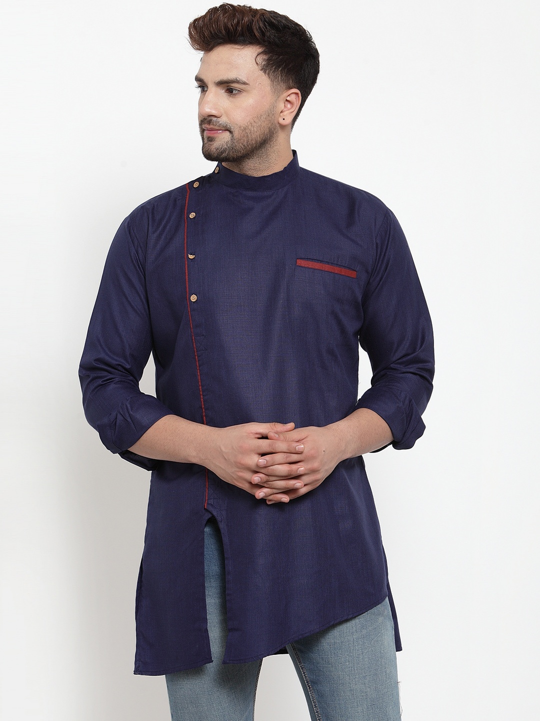 

Benstoke Men Navy Blue Solid Straight Kurta
