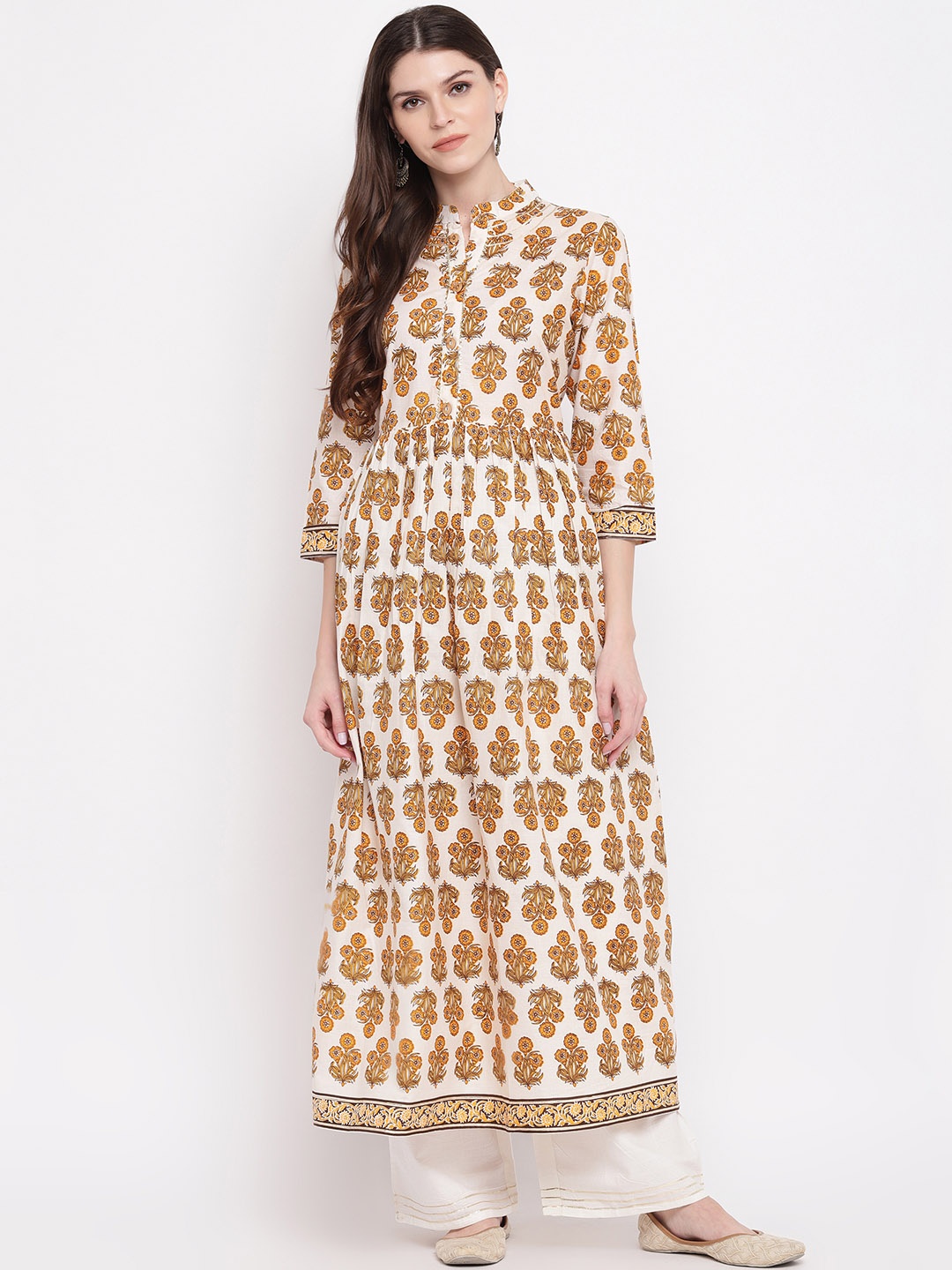 

Vbuyz Women Cream-Coloured & Mustard Yelllow Floral Printed Kurta with Palazzos