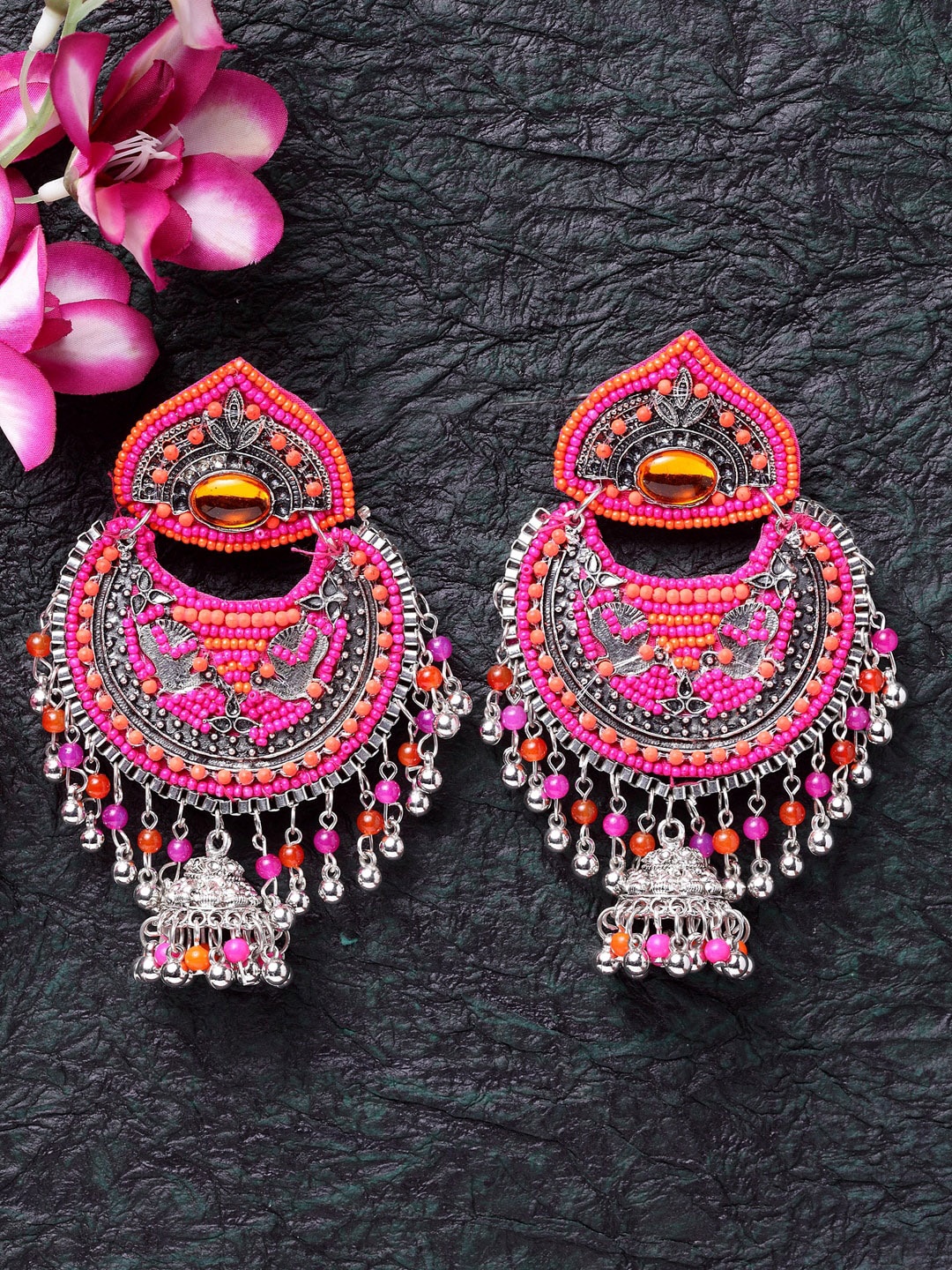 

Moedbuille Pink & Orange Brass-Plated Crescent Shaped German Silver Drop Earrings
