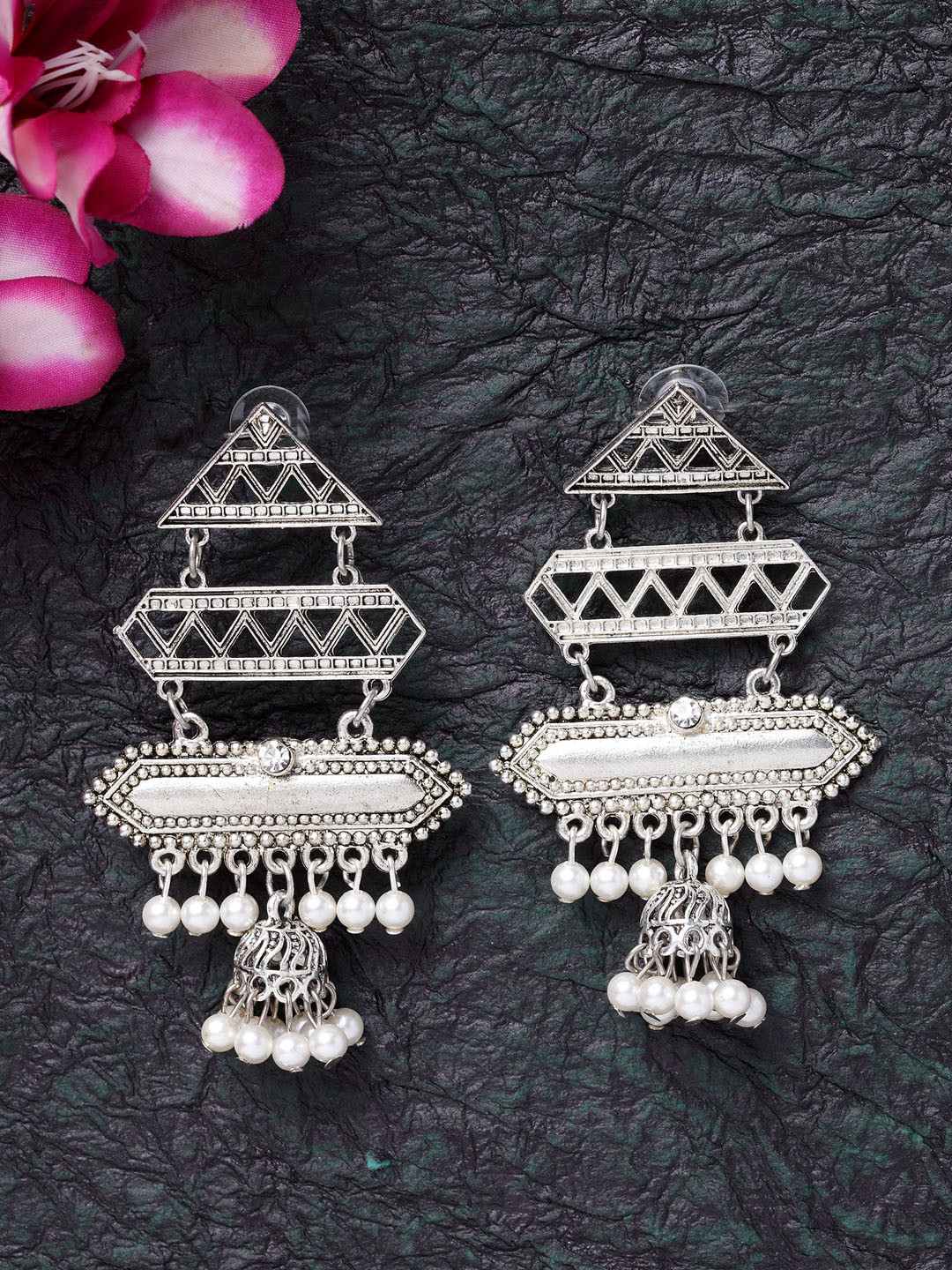 

Moedbuille Silver-Toned Handcrafted Filigree Work Oxidised Contemporary Drop Earrings