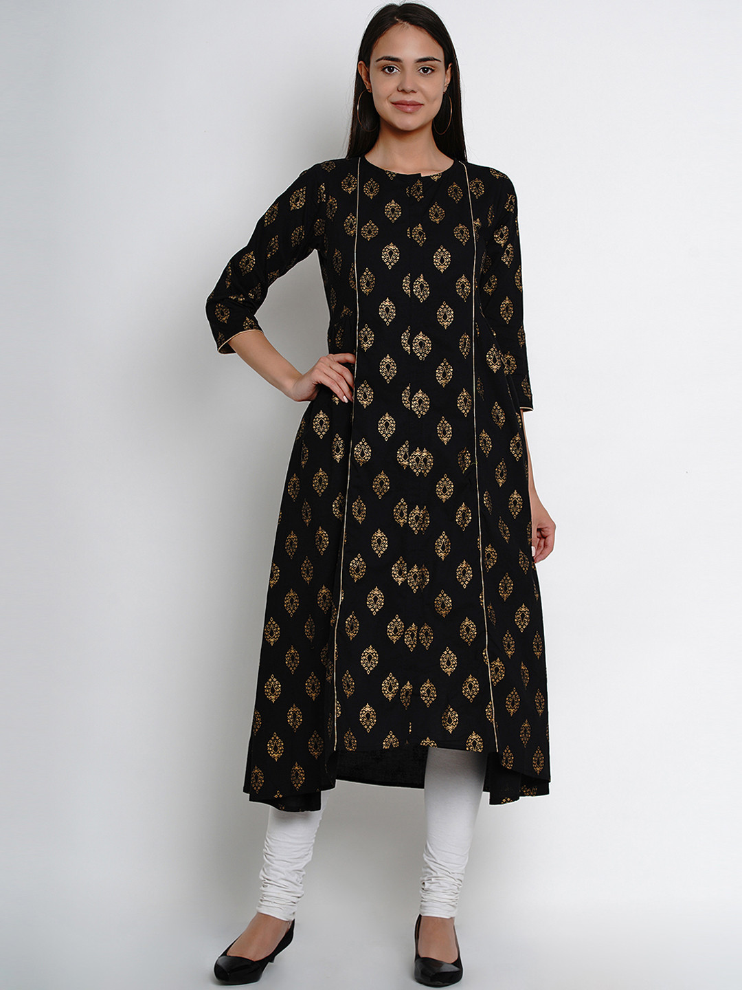 

Bhama Couture Women Black & Gold-Coloured Printed A-Line Kurta