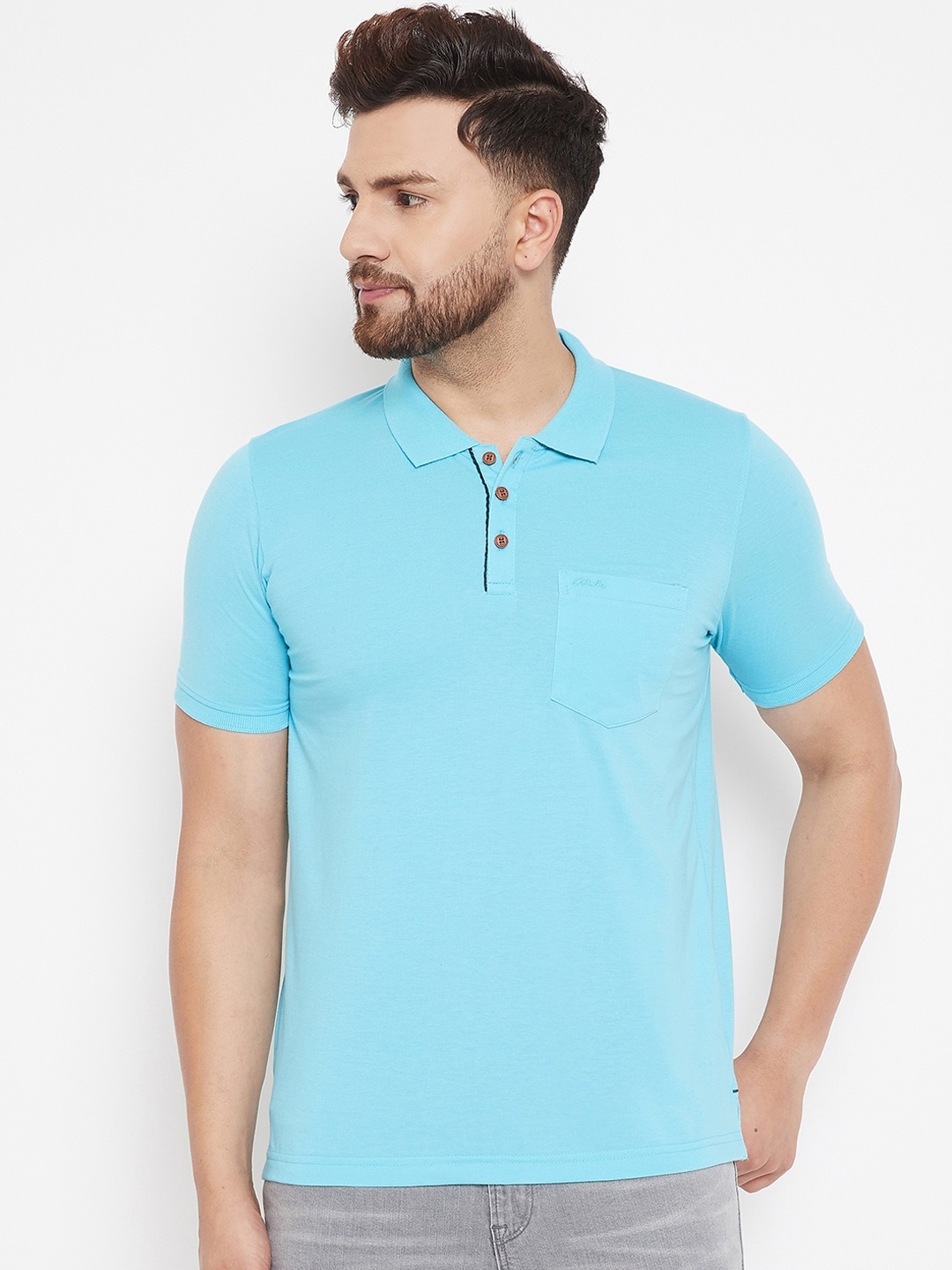 

Adobe Men Turquoise Blue Solid Polo Collar T-shirt