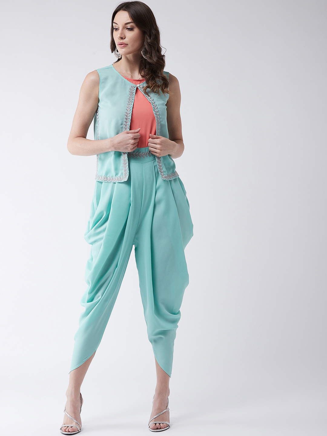 

Pannkh Women Blue & Coral Self Design Basic Jumpsuit