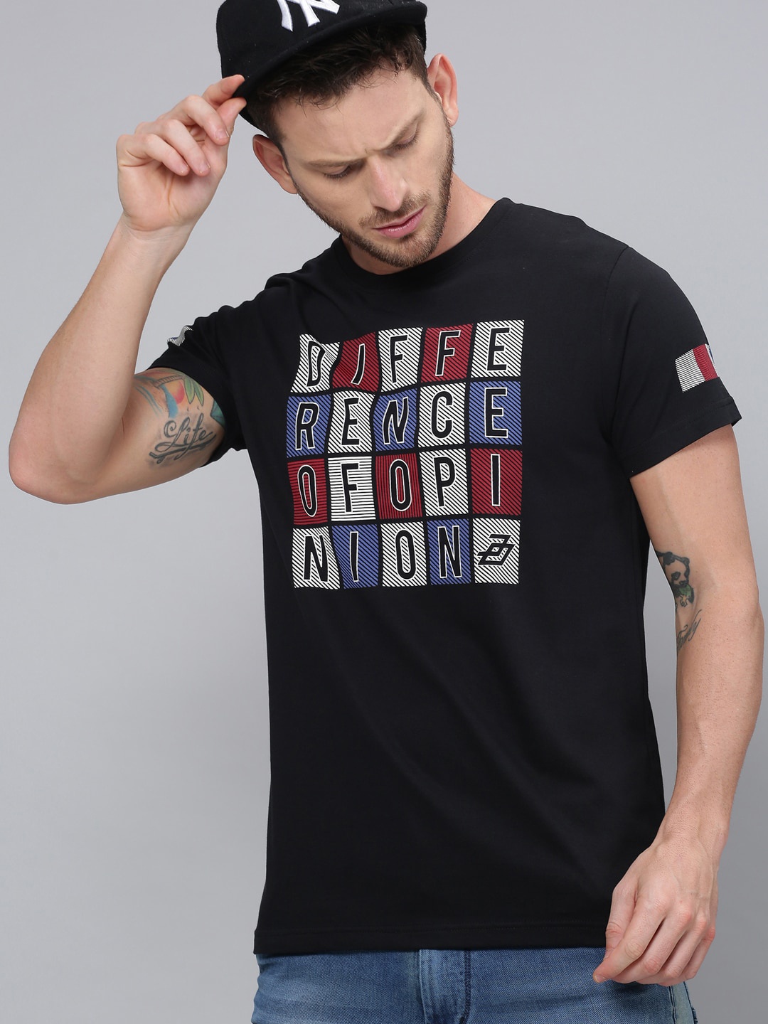 

Difference of Opinion Men Black White Printed Round Neck Pure Cotton T-shirt