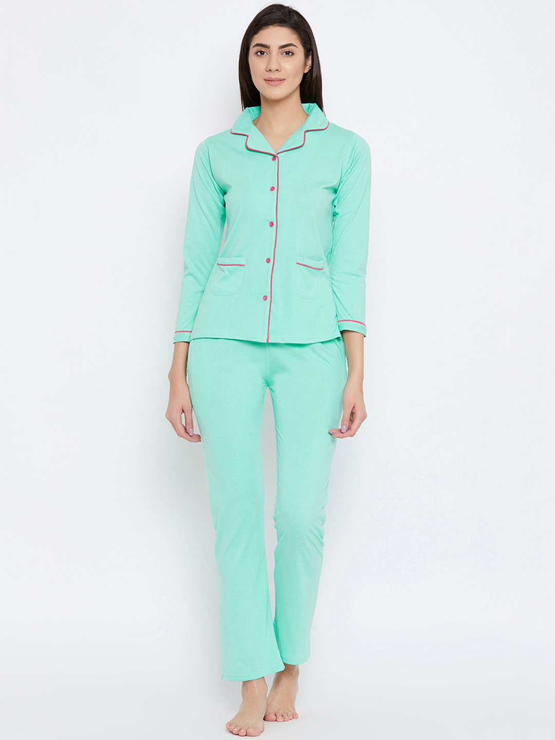 

Clovia Women Pure Cotton Shirt & Pyjama Night suit, Sea green