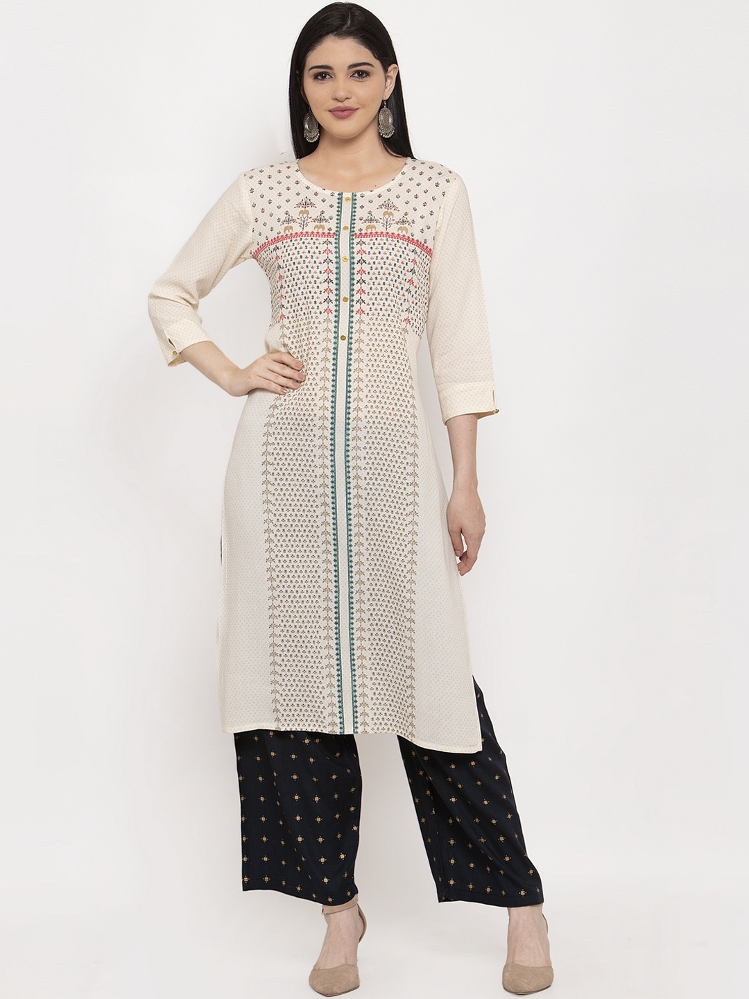 

ANAISA Women Off-White & Blue Printed Kurta with Palazzos