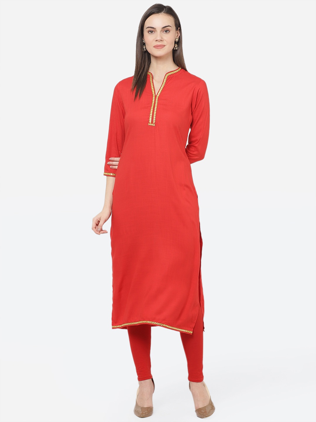 

aayusika Women Red Solid Straight Kurta