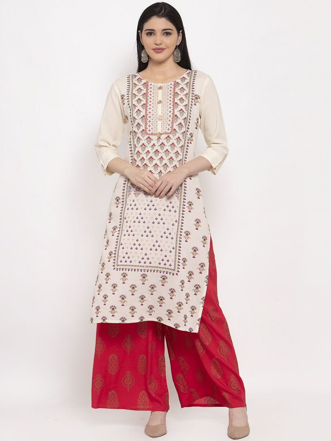 

ANAISA Women Off-White & Red Printed Kurta with Palazzos