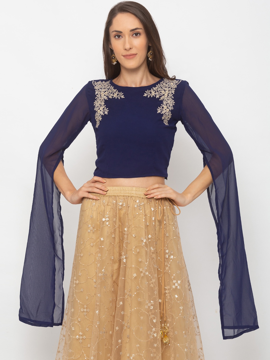 

Globus Women Navy Blue & Gold-Coloured Embroidered Saree Blouse