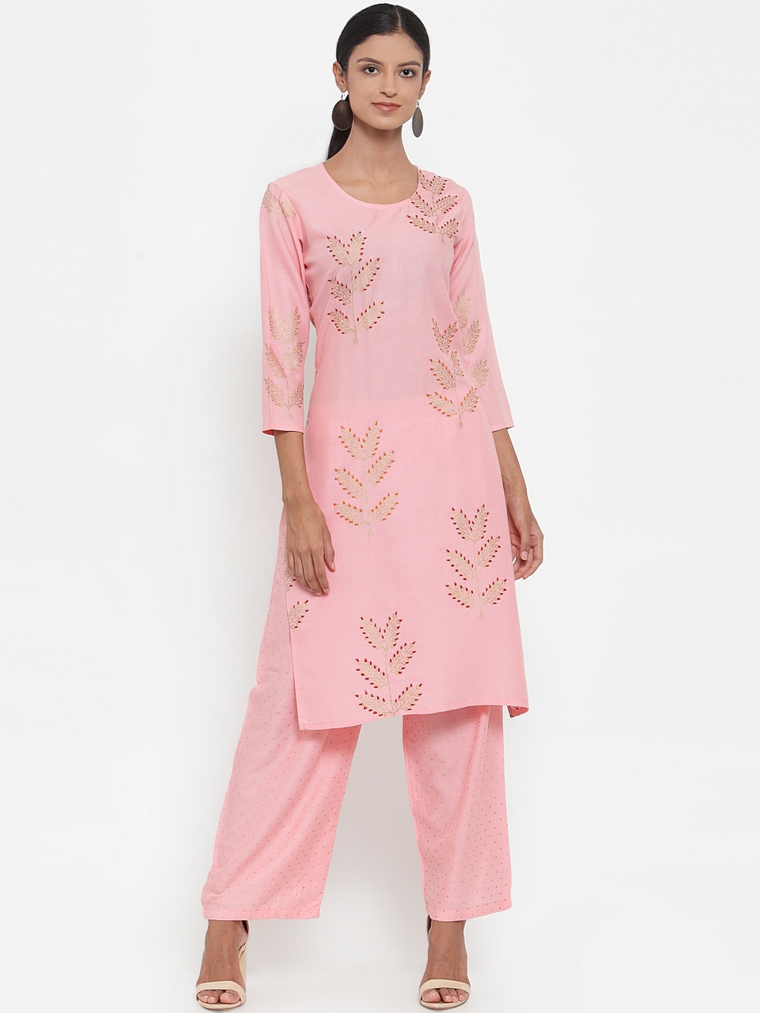 

ANAISA Women Pink Floral Printed Thread Word Kurta with Palazzos