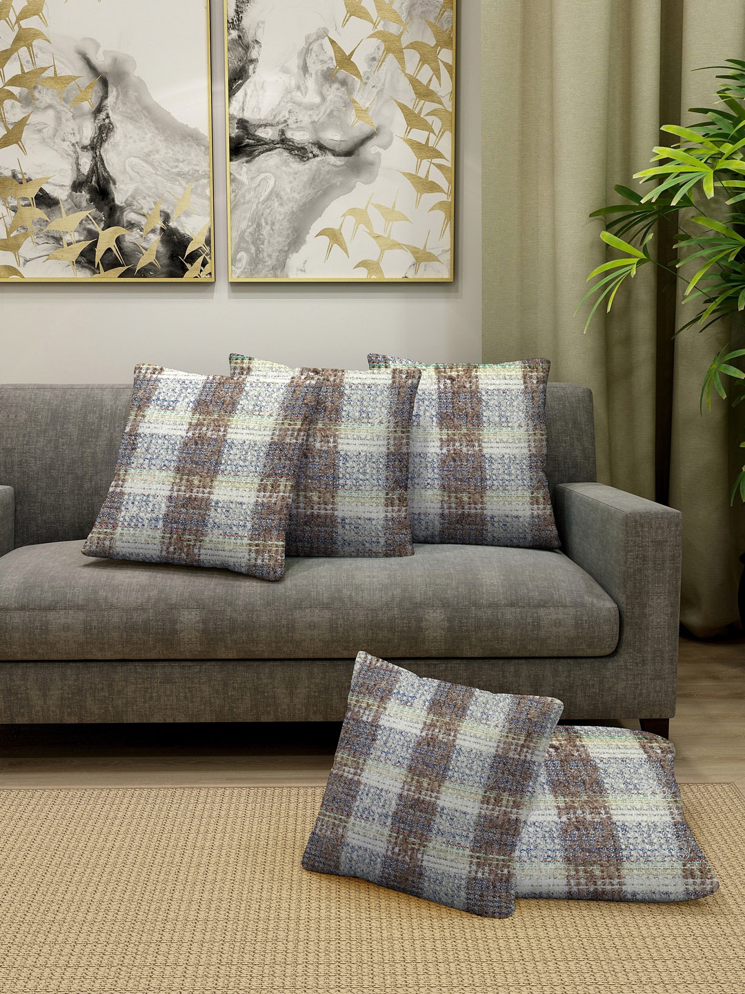 

KLOTTHE Set Of 5 Beige & Brown Checked Square Cushions